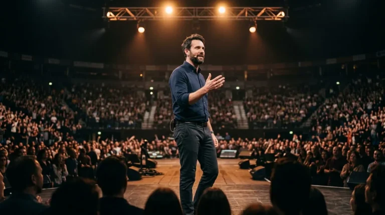 Nate Bargatze net worth comedian performing on an arena stage