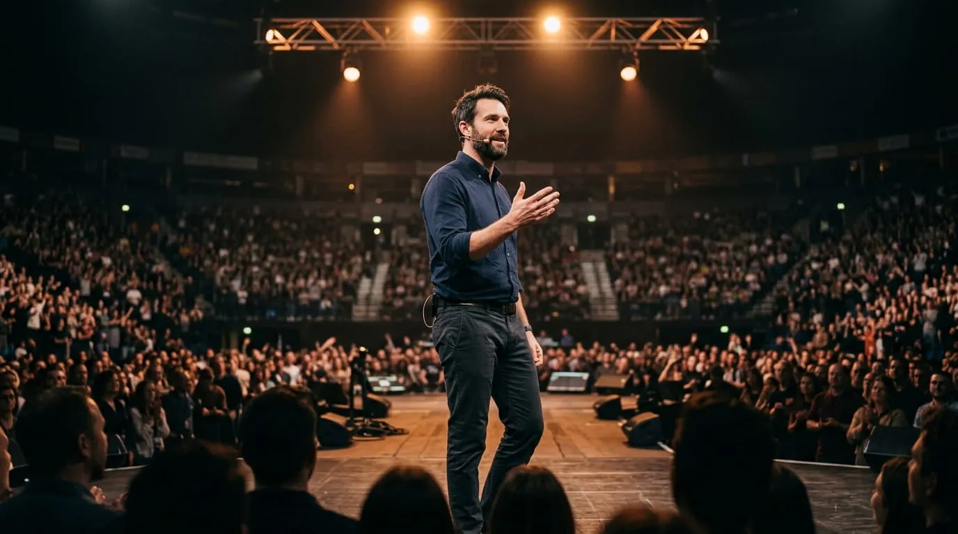 Nate Bargatze net worth comedian performing on an arena stage