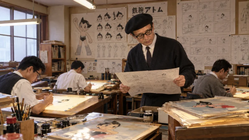 Osamu Tezuka reviewing animation storyboards at Mushi Production
