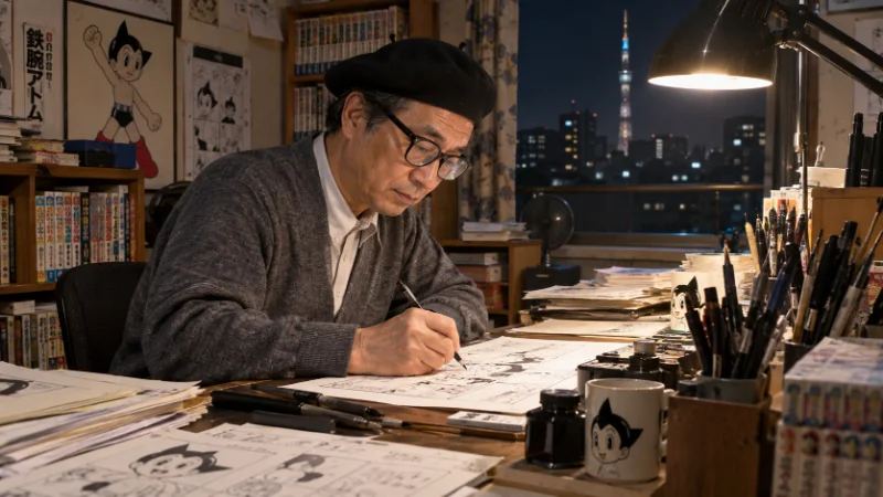 Osamu Tezuka working at his manga drawing desk