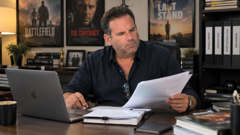 Randall Emmett working at his desk in a film production office