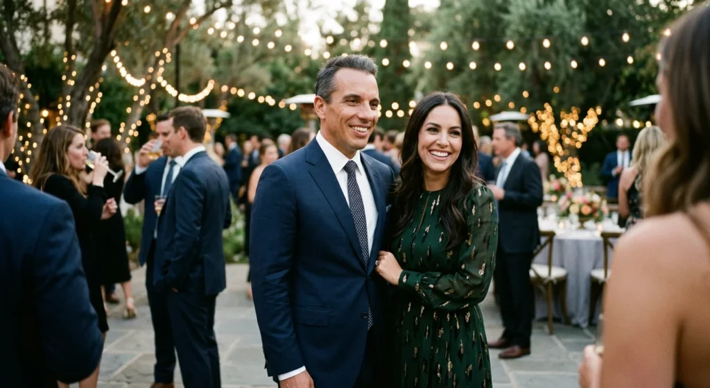 Stand-up comedian Sebastian Maniscalco aur unki wife Lana Gomez ek outdoor event par smile karte hue.